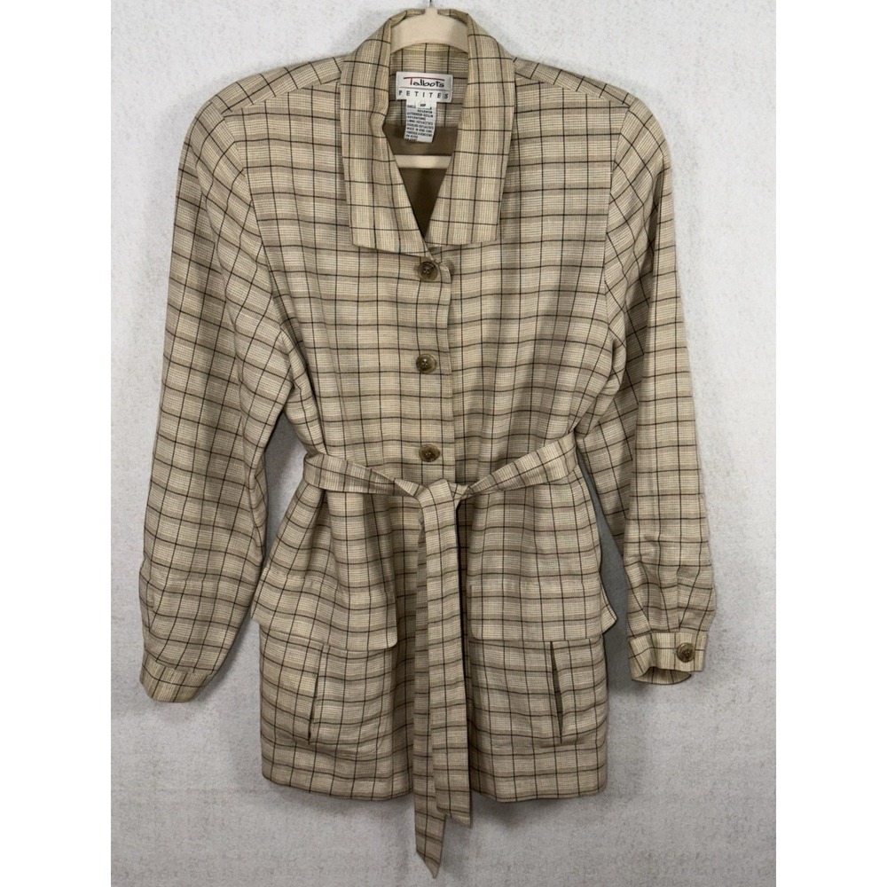 Talbots Linen Blend Plaid Jacket Belted Khaki Fully Lined Women's 10 Petite